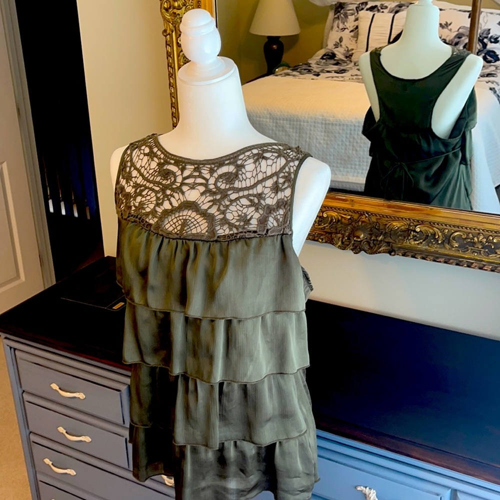 Olive crochet and ruffle tank